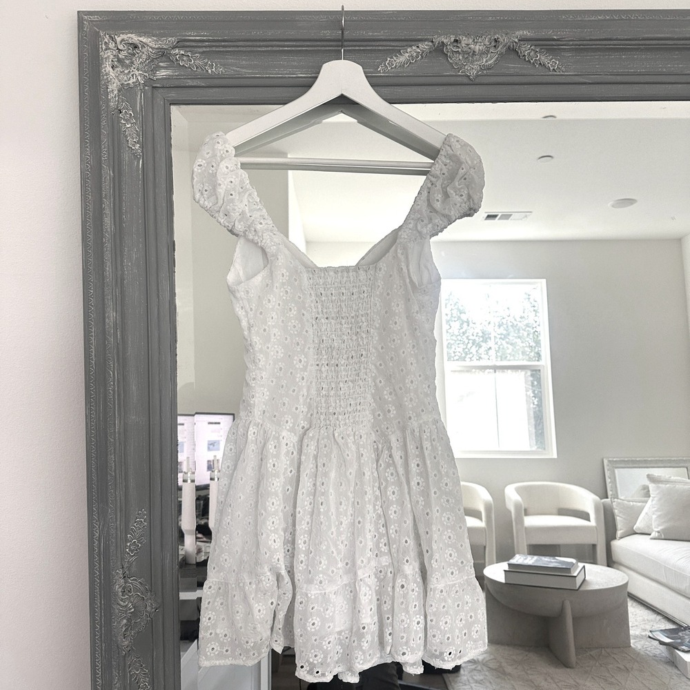 UO Kimchi Blue Leilani Eyelet Mini Dress Off Shoulder Smocked Back Cottagecore M - Picture 5 of 10